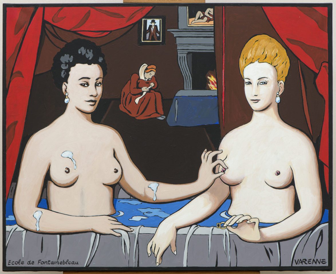 Femmes au bain, Gabrielle d4Estrée et sa soeur - Ecole de Fontainebleau vers 1595 - Cette toile exposée au Musée du Louvre à Paris est interprétée par Alex Varenne, peinture acrylique, pop-art érotique.